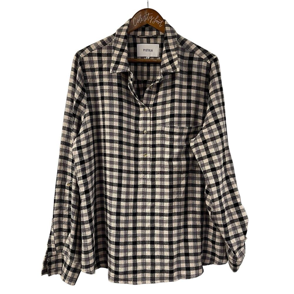 Pistola Flannel Shirt XL Plaid Check Black Ivory Tab Sleeve Button Back Pullover
